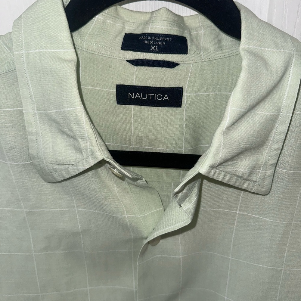 Nautica Men's Soft Green Checkered Linen Shirt